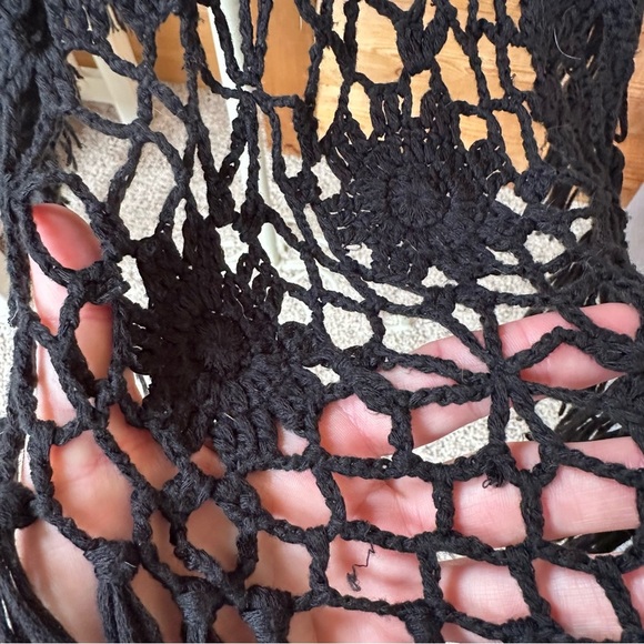 SAY WHAT Black Crochet Fringe Vest Boho Festival Open Knit Layering Duster Sz XS - Picture 11 of 14
